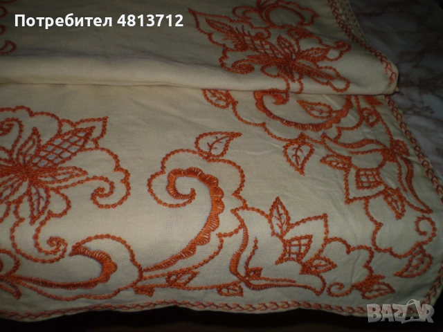 Ретро покривка от лен с ръчна бродерия в оранжев цвят., снимка 3 - Антикварни и старинни предмети - 54688135