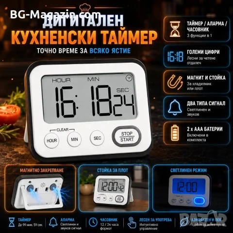 Кухненски електронен настолен часовник с таймер аларма за готвене време големи цифри готвене кухня