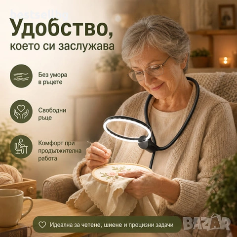 Голяма увеличителна лупа за врат за четене шиене бродиране гоблени настолна с LED осветление USB, снимка 3 - Други инструменти - 53090684