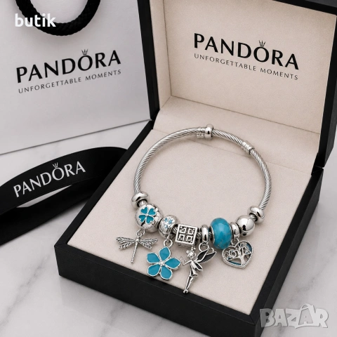 💙 Сребриста гривна тип Pandora със сини талисмани