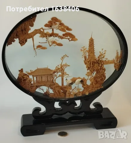 Старинна китайска диорама от корк в стъклена витрина – Ръчна изработка