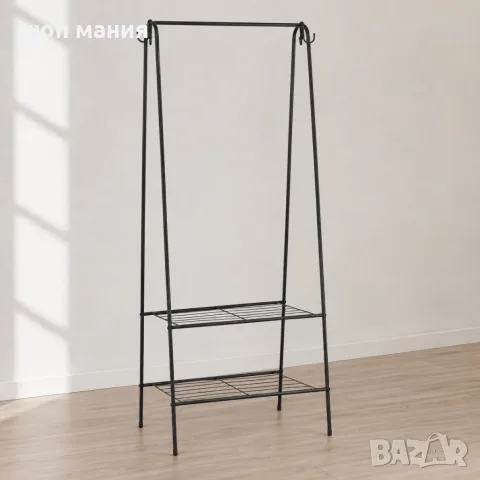 Метална закачалка за дрехи с 2 рафта за обувки и 4 куки – Отворен гардероб органайзер 109x41x150 см