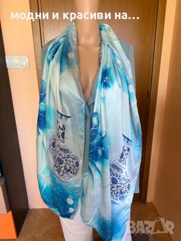 Красив копринен шал в синята гама, снимка 13 - Шалове - 52738588