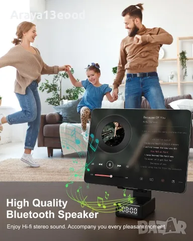 Мултифункционална Bluetooth колонка с безжично зарядно, стойка за телефон и будилник, снимка 6 - Безжични зарядни - 55627146