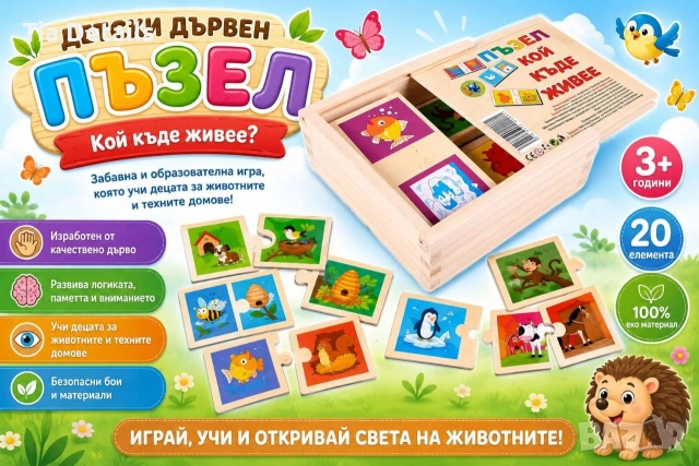 Детски дървен пъзел "Кой къде живее "