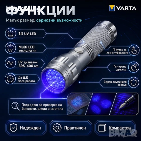 Мощен мини ув фенер UV лед лампа фенерче Varta ултравиолетова светлина, снимка 3 - Друга електроника - 45399532