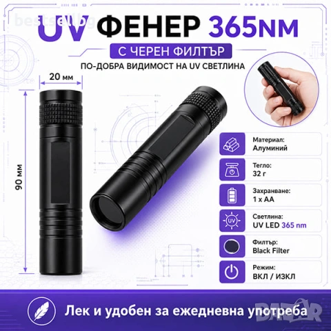 Мощен UV фенер 365nm с черен филтър ув фенерче лампа за фалшиви пари печати смола урина на батерии, снимка 7 - Друга електроника - 54366637