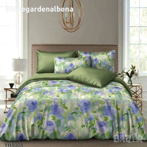 Луксозно спално бельо памучен сатен флорални десени 4 части двоен комплект с ластик