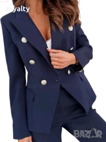 Дамски Елегантен Тъмно Син Костюм с Копчета, снимка 2 - Спортни екипи - 54097132