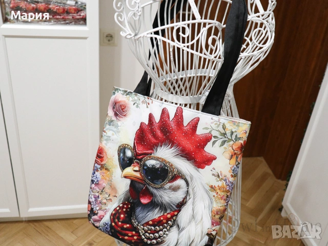 Текстилна торба с Кокошка, ръчна изработка, снимка 2 - Чанти - 54249788