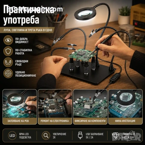 Увеличителна настолна лупа със станция за запояване LED осветление помощна трета ръка за платки, снимка 7 - Поялници и запояване - 51178862