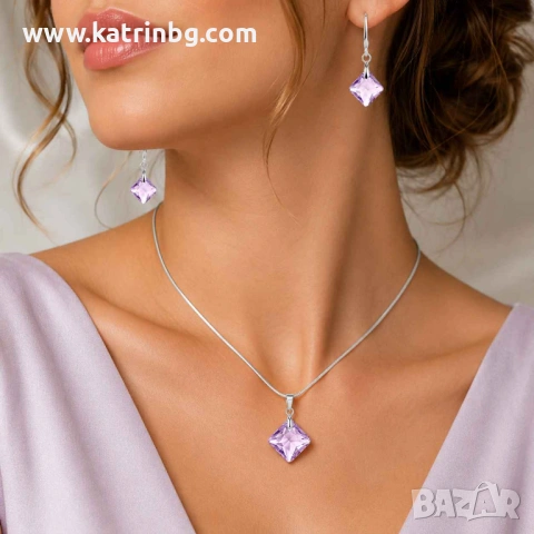 Комплект бижута Square Light Amethyst с лилави кристали – колие и обеци, снимка 2 - Бижутерийни комплекти - 54718998