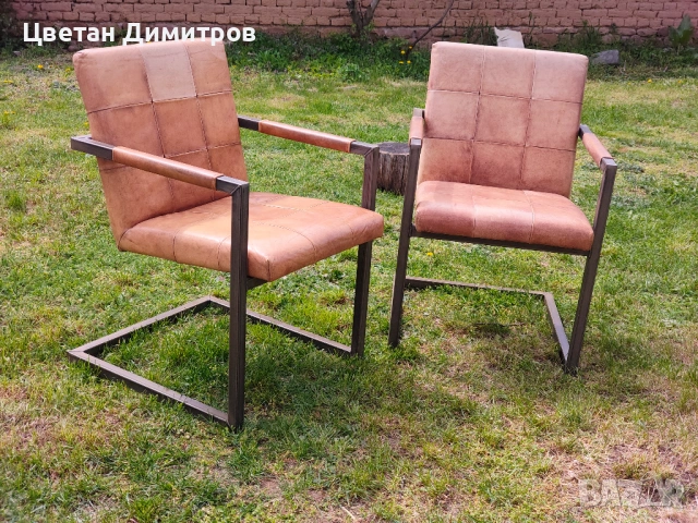 Конзолен трапезен стол в ретро индустриален стил, изработен от естествена кожа и метал. , снимка 6 - Столове - 54179904