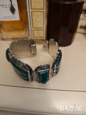 Антикварна сребърна гривна Мексико ,зелен оникс ., снимка 5 - Гривни - 54030476