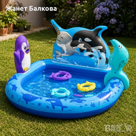 Надуваем детски басейн с морски животни, водни играчки и игра за хвърляне на халки
