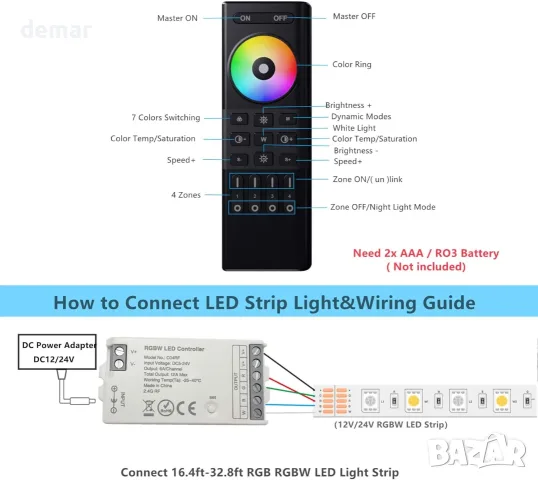2.4GHz безжично 4-зоново RF дистанционно управление + 2 бр. RGB LED контролер комплект, снимка 6 - Лед осветление - 55550733