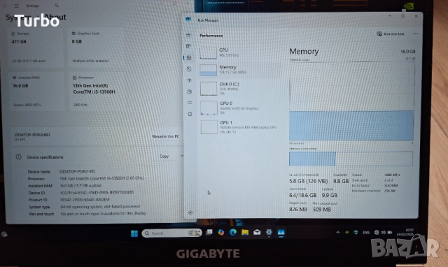 15.6' 144Hz GIGABYTE G5 Core i5-13500H/RTX 4060 8GB/16GB DDR5/512GB/Бат.4ч., снимка 7 - Лаптопи за игри - 54059804