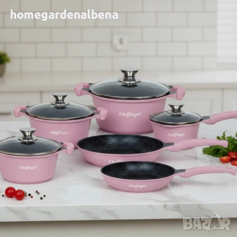 Комплект съдове за готвене Cheffinger 10 части мраморно покритие тенджери тигани, снимка 4 - Съдове за готвене - 54165498
