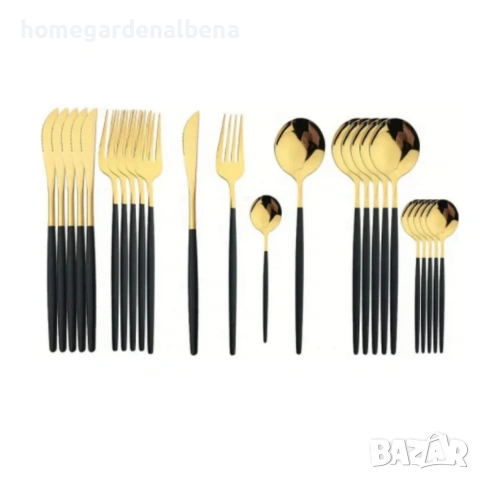 Комплект прибори за хранене 24 части неръждаема стомана златисто черно магнитна кутия