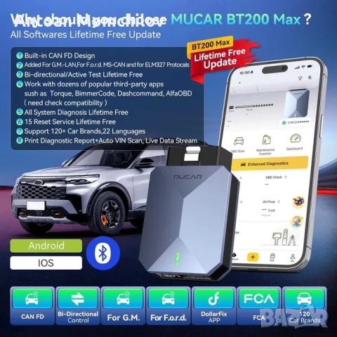 OBD2 скенер MUCAR BT200 Max Bluetooth AI диагностика, снимка 2 - Аксесоари и консумативи - 54805383