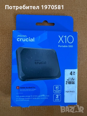 Crucial X10 4TB External Portable SSD Drive - Up to 2100MB/s, USB-C 3.2 Gen2,