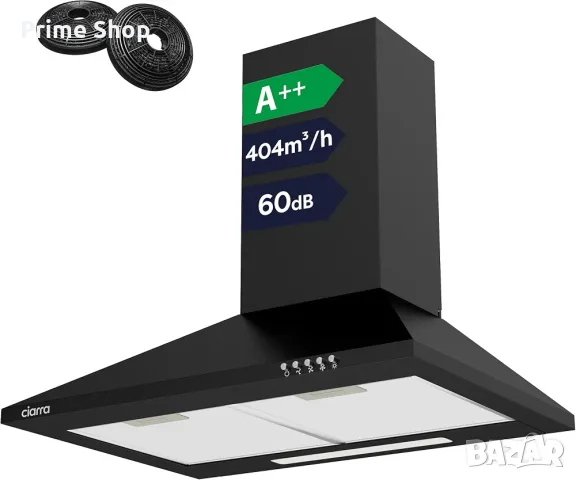 Кухненски абсорбатор CIARRA 60 см, 404 m³/h с функция за рециркулация, Черен