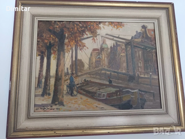Стара западноевропейска картина – масло върху платно,лодки, пейзаж, масивна рамка, снимка 2 - Други ценни предмети - 54653368