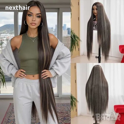 Ефектна дълга и впечатляваща 110 см перука - права, кафява с руси кичури, снимка 11 - Аксесоари за коса - 54536956