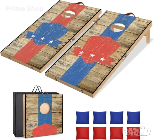 Сгъваема дървена игра за хвърляне Корнхол (Cornhole) с две дъски 60х90см, 8 торби и чанта 