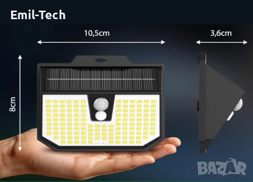 Комплект от 3 Нови Соларни LED лампи със сензор за движение IP65, снимка 2 - Външни лампи - 54680699
