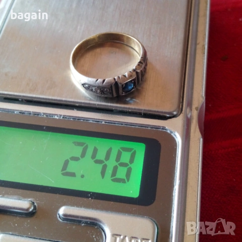 Сребърен пръстен със сапфир и позлата., снимка 3 - Пръстени - 54785557
