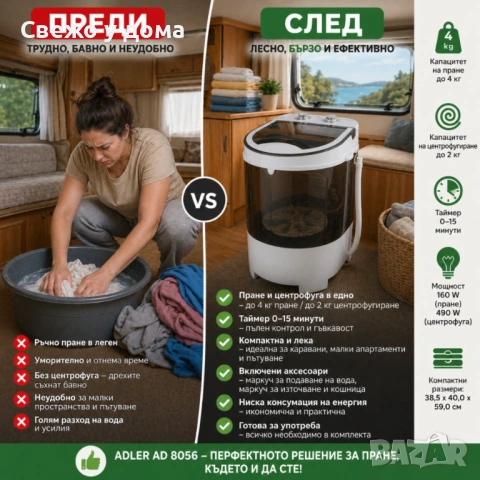 Преносима мини пералня Adler с центрофуга до 4 кг - Компактно решение за всяко пространство, снимка 6 - Перални - 54449168