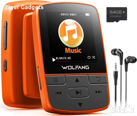 WOLFANG 64GB MP3 плеър с Bluetooth 5.3, спортна щипка, FM радио и запис – оранжев