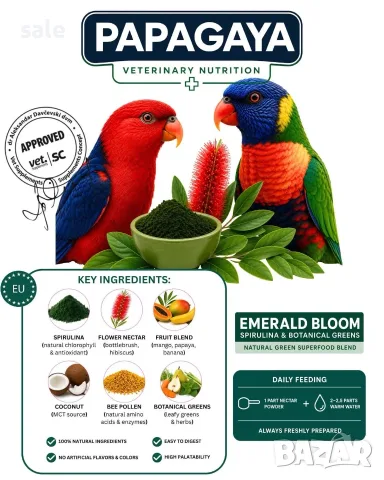 Нектар за папагали Лори "Emerald Bloom" с ъс спирулина,билки,пчелен прашец Lorikeet/Lori, снимка 3 - Папагали - 55482627