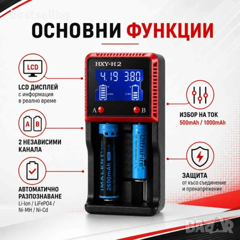 Универсално интелигентно зарядно устройство за акумулаторни батерии 18650 дисплей 26650 14500 16340, снимка 2 - Друга електроника - 17339635
