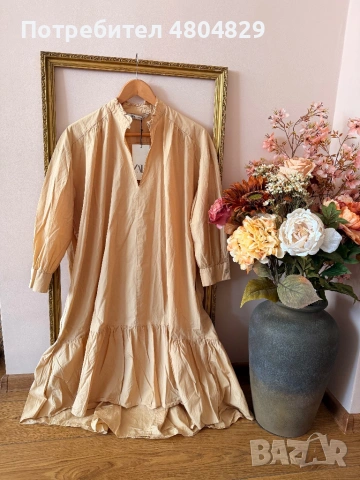 ZARA Стилна бежова памучна рокля , снимка 7 - Рокли - 54740583
