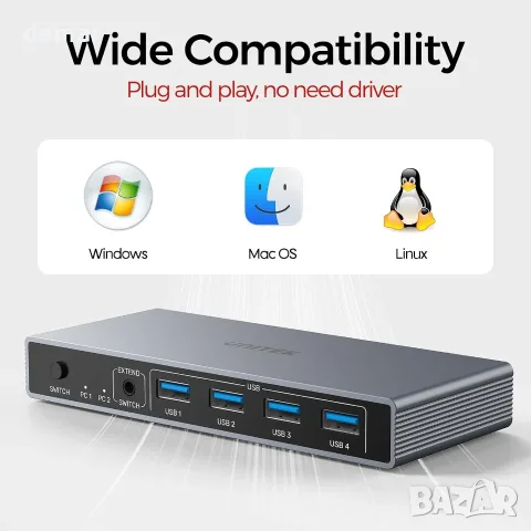 iNTEK USB DP KVM суич 2-в-1, с USB 3.0 разпределение и превключване за 2 компютъра към 1 монитор, снимка 4 - Суичове - 55672554