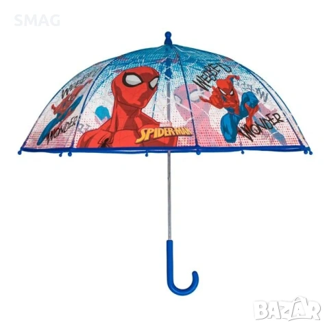Детски син прозрачен чадър "Spiderman" бастун 64см_1242790, снимка 2 - Чадъри - 54298539