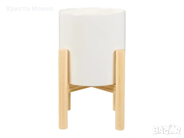 Кашпа със стойка Саксия с дървена стойка Сива Бяла, снимка 4 - Декорация за дома - 54060014