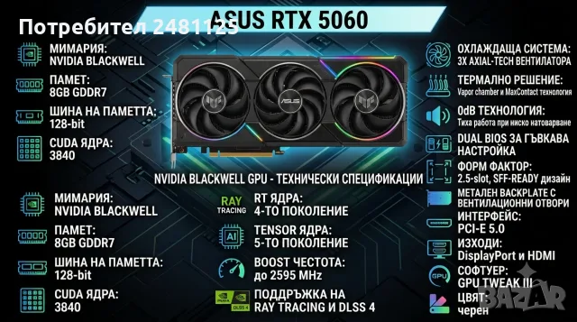 Видеокарта ASUS - Prime GeForce RTX 5060, 8GB GDDR7, Гаранция 3г.