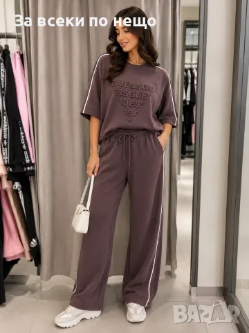 Guess Дамски Кафяв Летен Комплект С Бели Кантове Тениска И Долнище👚🩳Дамски Къс Екип Гес Код A1646