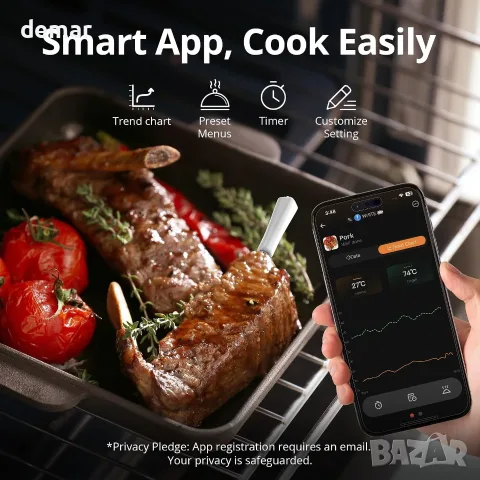 Смарт термометър за печене за месо и фурна с Bluetooth връзка (2 сензора) CharMeter, снимка 5 - Друга електроника - 55661818