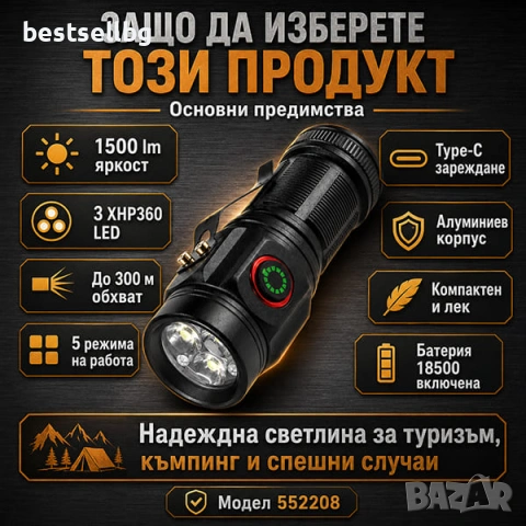 Мощен мини ръчен фенер LED акумулаторен USB зареждане за лов риболов къмпинг туризъм палатка XHP360, снимка 7 - Къмпинг осветление - 53090640