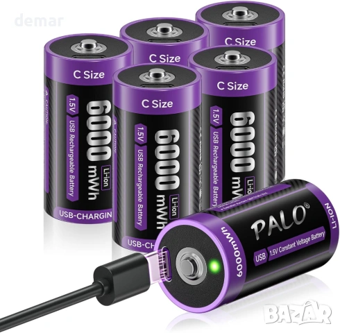 1.5V акумулаторни C батерии 6000mWh LR14, литиеви с Type-C кабел за зареждане, 6 броя