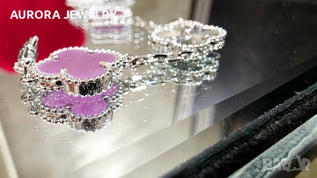 Van Cleef & Arpels VCA 5 Motifs Silver Purple Chalcedony Clear Vintage Alhambra Дамска Гривна, снимка 6 - Гривни - 54539889