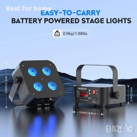 Мини акумулаторни сценични светлини, 4 * 18W RGBWA UV 6 в 1, захранвани от батерии, снимка 7 - Прожектори - 54506751
