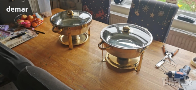 Комплект за бюфет WARMOUNTS 6L Gold Chafing Dish, 2 броя, кръгли съдове за затопляне с капак, снимка 10 - Сервизи - 54328098
