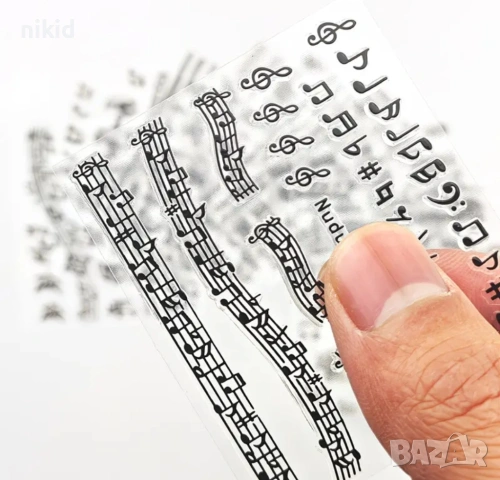12 бр музикални ноти музика самозалепващи лепенки ваденки за нокти маникюр декорация слайдери, снимка 4 - Продукти за маникюр - 54034303