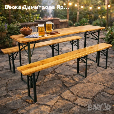 С ДЕФЕКТ - Сгъваем комплект градинска маса с 2 пейки - От чамово дърво - С ДЕФЕКТ виж снимките, снимка 2 - Градински мебели, декорация  - 53999744