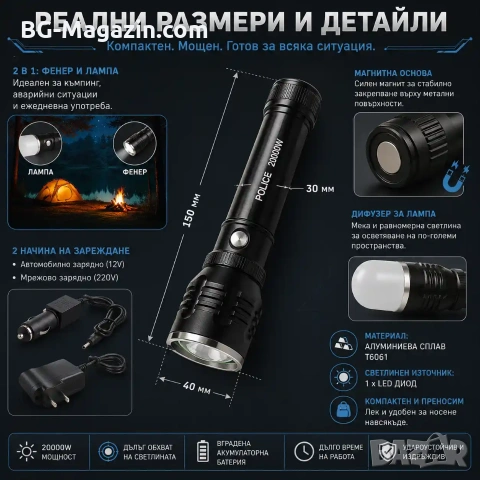 Мощен акумулаторен LED ръчен фенер къмпинг лампа с магнит лед осветление за палатка риболов туризъм, снимка 6 - Къмпинг осветление - 51027769